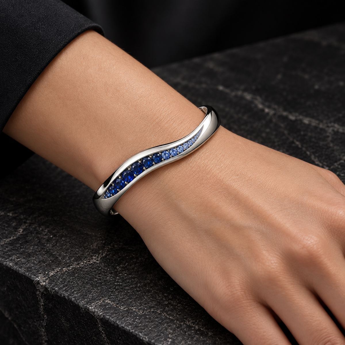 Silent Current jewelry worn on model