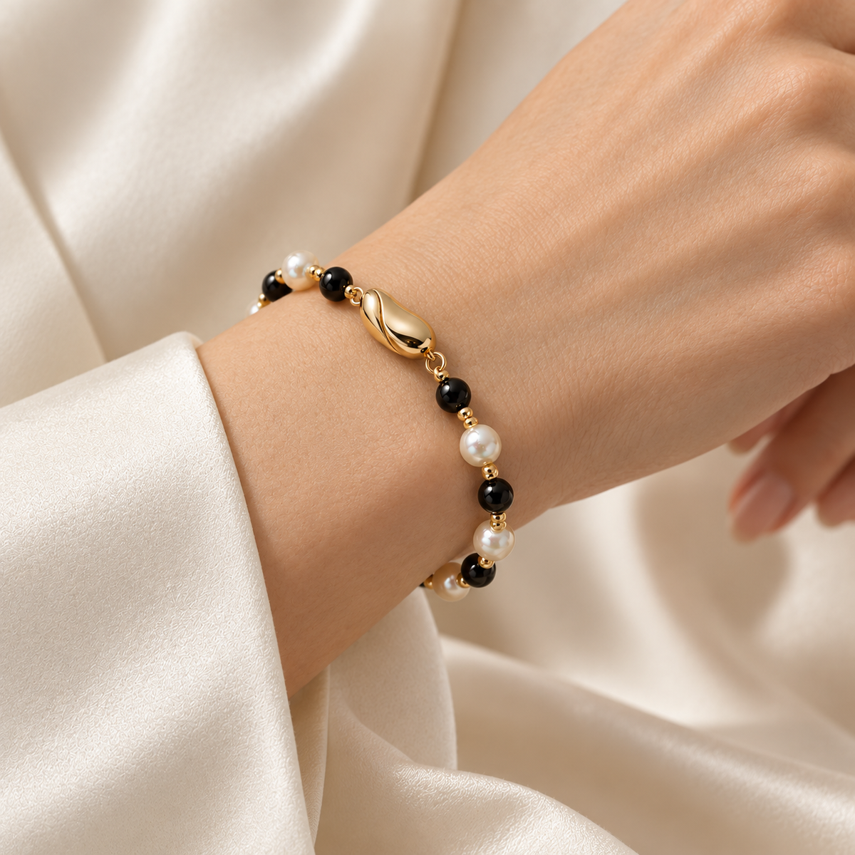 Binary Pearl jewelry worn on model